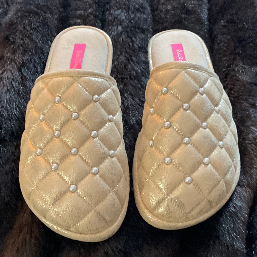LILLY PULITZER GOLD PEARL SLIPPERS 9